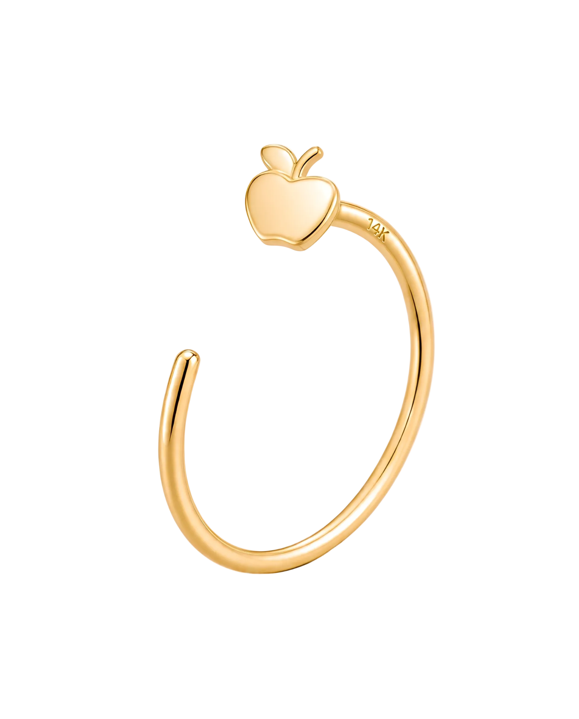 A playful 14ct solid gold Apple Hoop with a tiny leaf and stem. Choose 18G or 20G, 6–10mm, in yellow, white or rose gold.