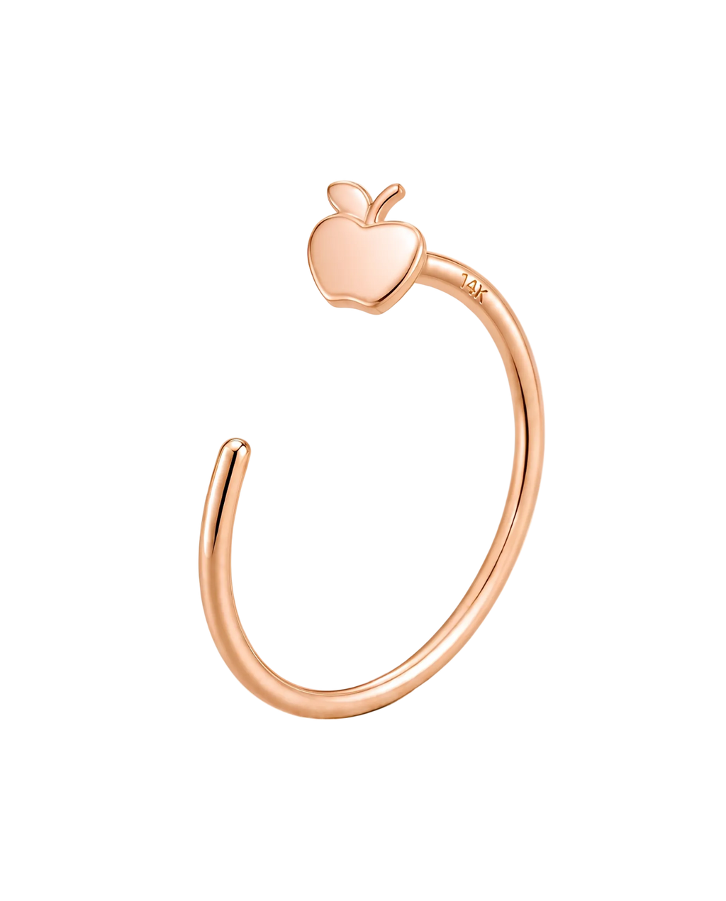 A playful 14ct solid gold Apple Hoop with a tiny leaf and stem. Choose 18G or 20G, 6–10mm, in yellow, white or rose gold.