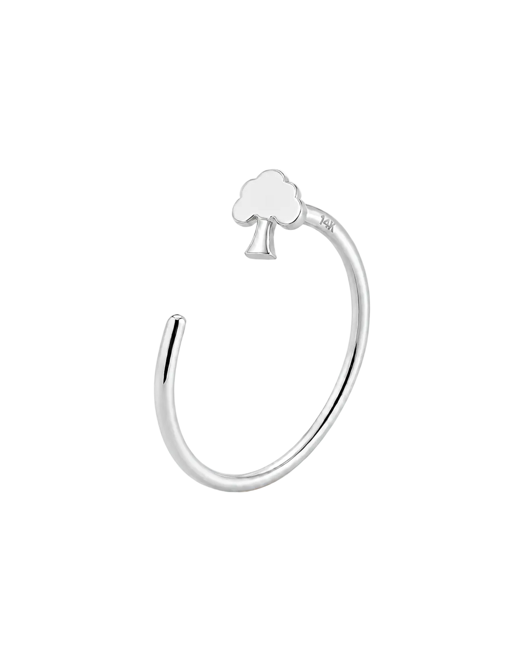 A polished silver open-ended ring featuring a small tree-shaped gold nose ring with a tree silhouette at its center, displayed on a clean white background.