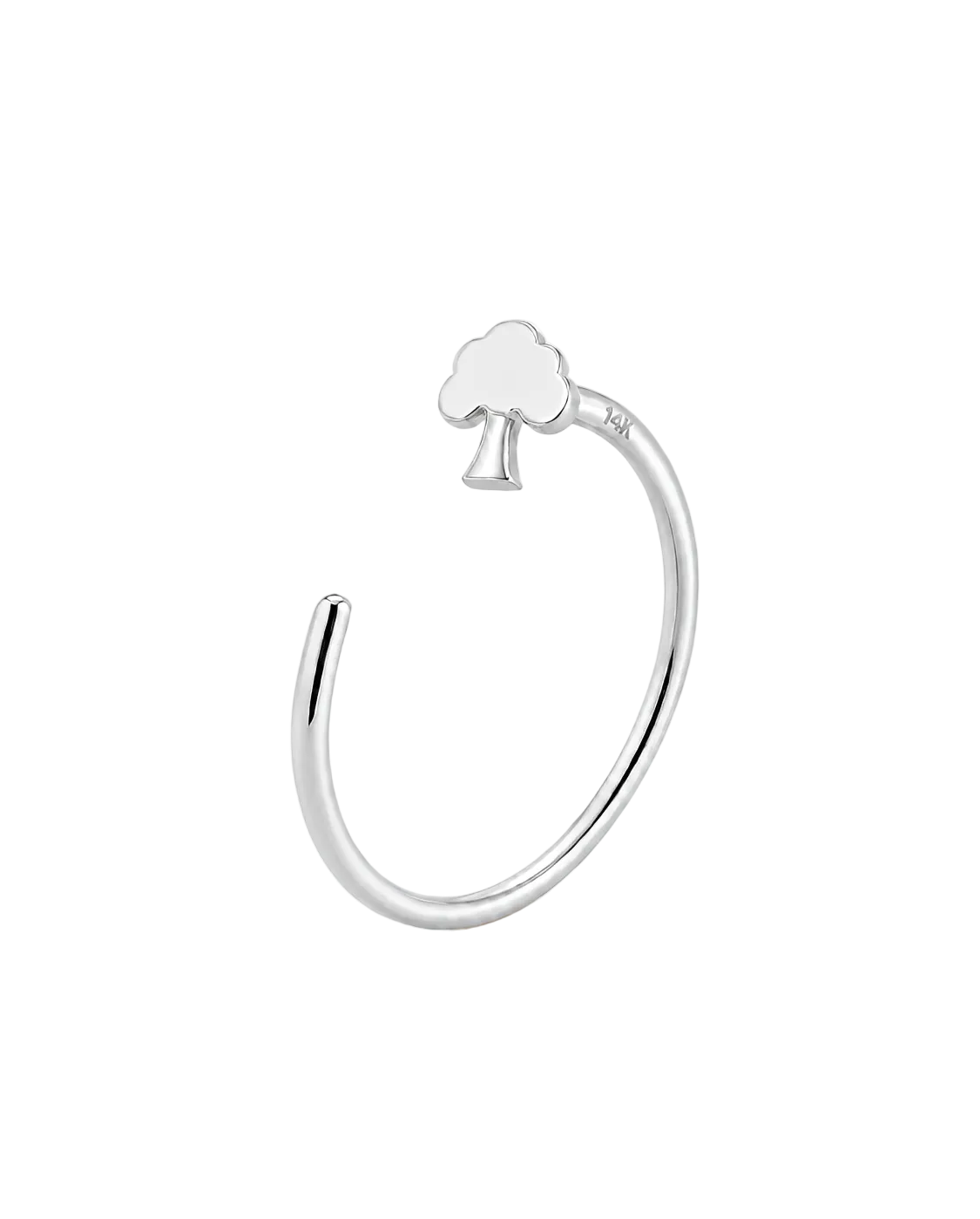 A polished silver open-ended ring featuring a small tree-shaped gold nose ring with a tree silhouette at its center, displayed on a clean white background.
