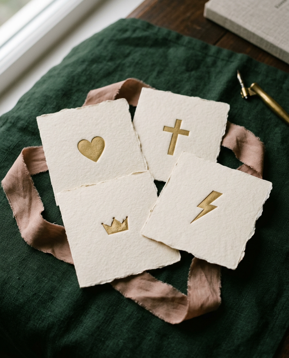 Antique-gold heart, cross, crown and lightning symbols arranged on warm handmade papers