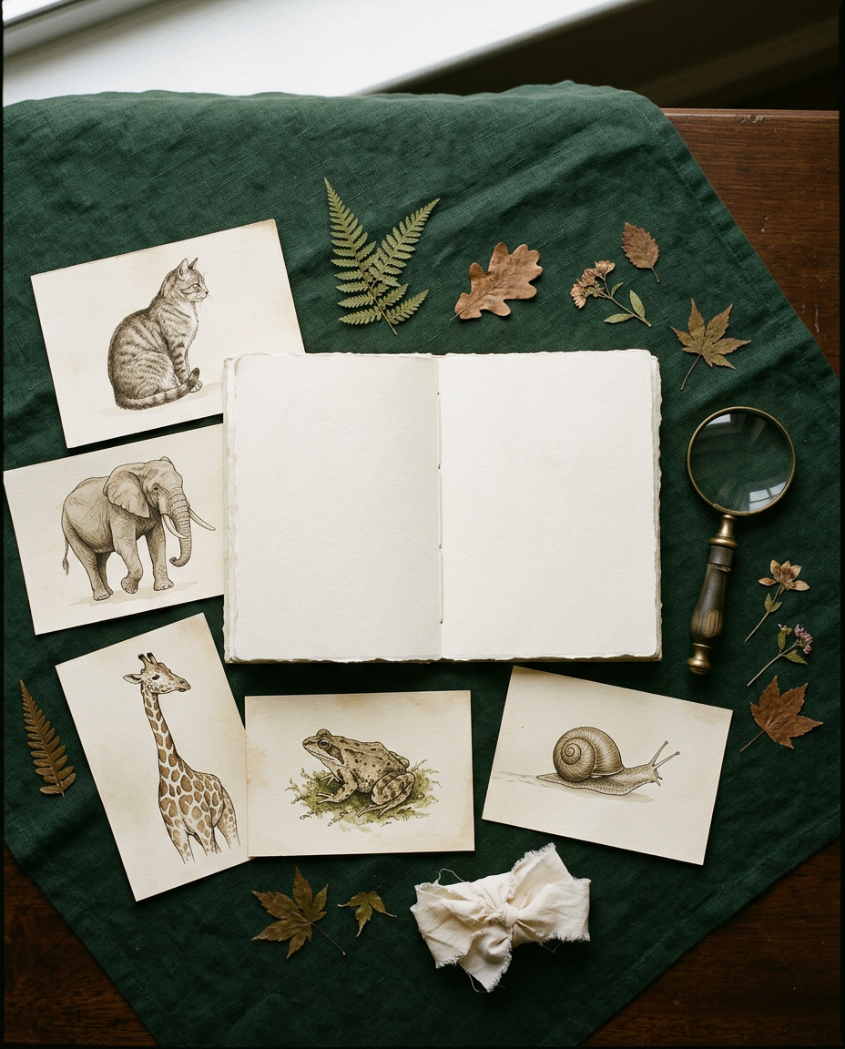 Natural history animal cards beside a notebook on green linen
