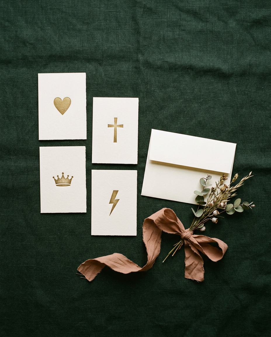 Four gold-embossed symbol cards with a blank gift note on forest-green linen