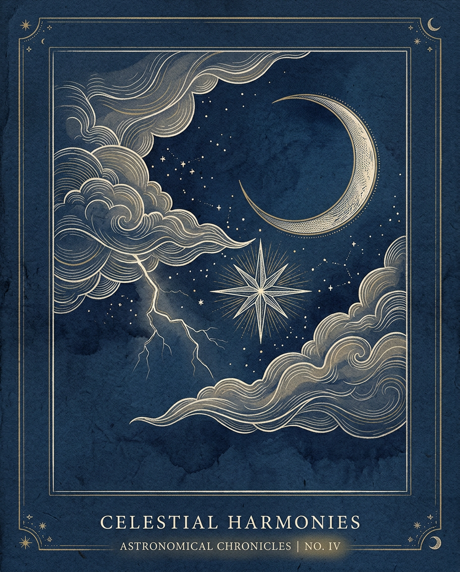 A crescent moon, star, clouds and lightning in an antique midnight-blue sky illustration