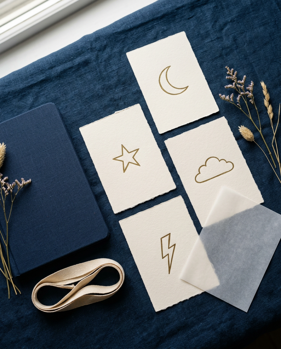 Moon, star, cloud and lightning cards beside a notebook on midnight-blue linen