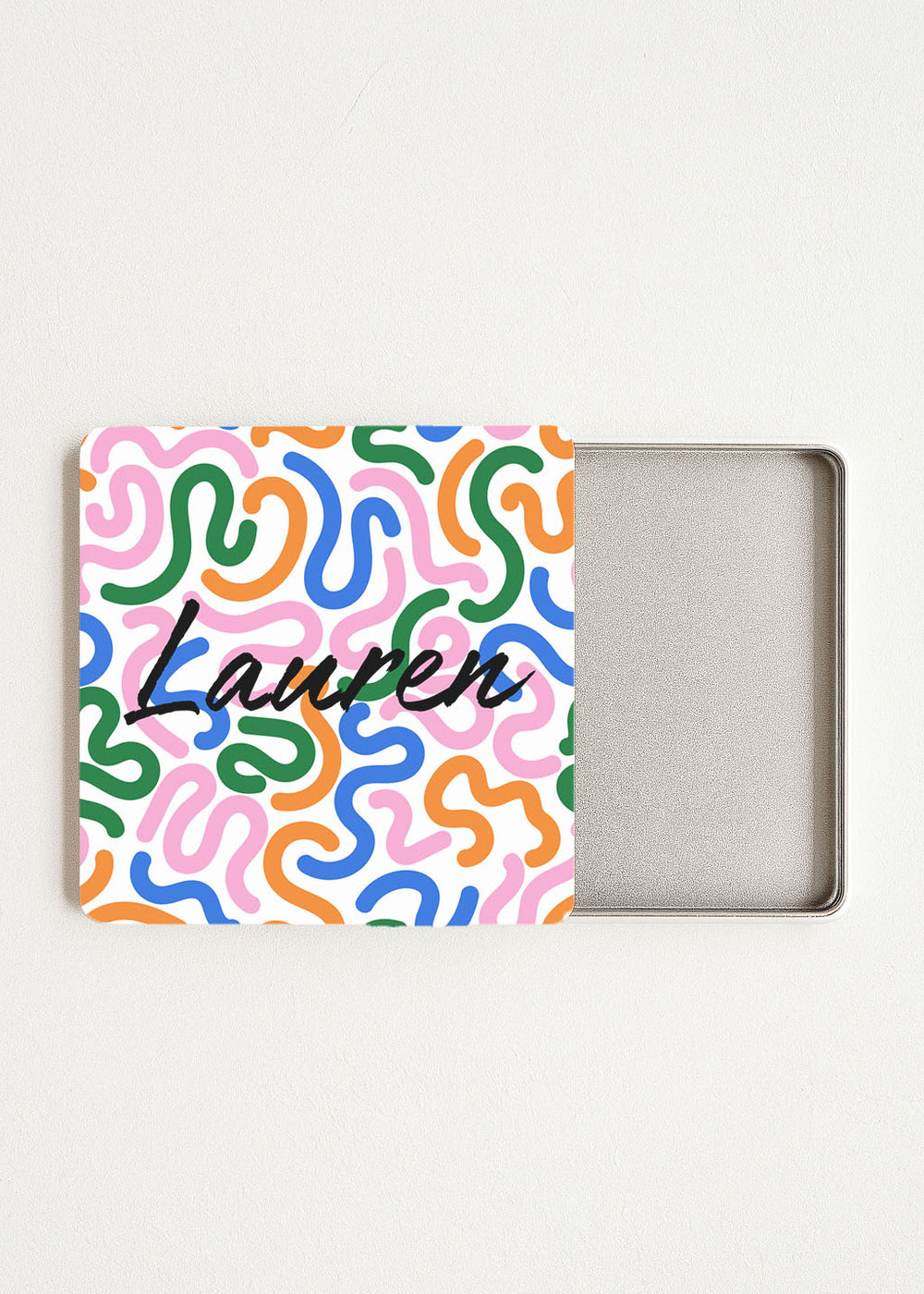 open compact tea bag box — name print, holds 4–6 wrapped tea bags