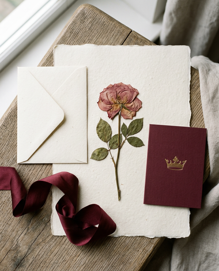 Pressed flower, burgundy ribbon, envelope and crown card arranged on warm ivory paper