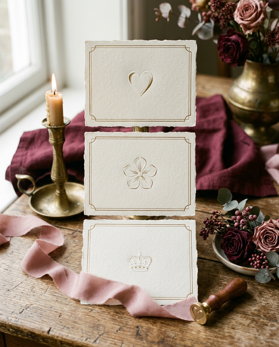 Editorial heart, flower and crown motifs arranged with ribbon on a burgundy background