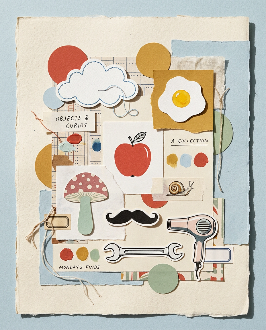 Playful everyday objects arranged like a collector's scrapbook on blue and cream paper