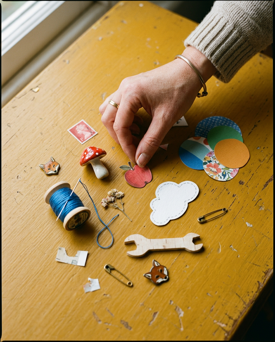 A hand arranging colourful keepsakes and paper shapes on a warm yellow background