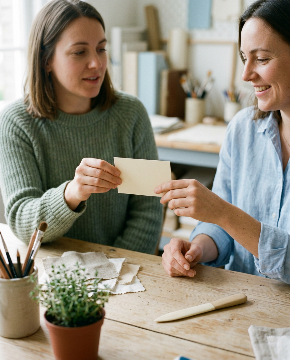 Two friends sharing a card beside creative tools and colourful paper shapes