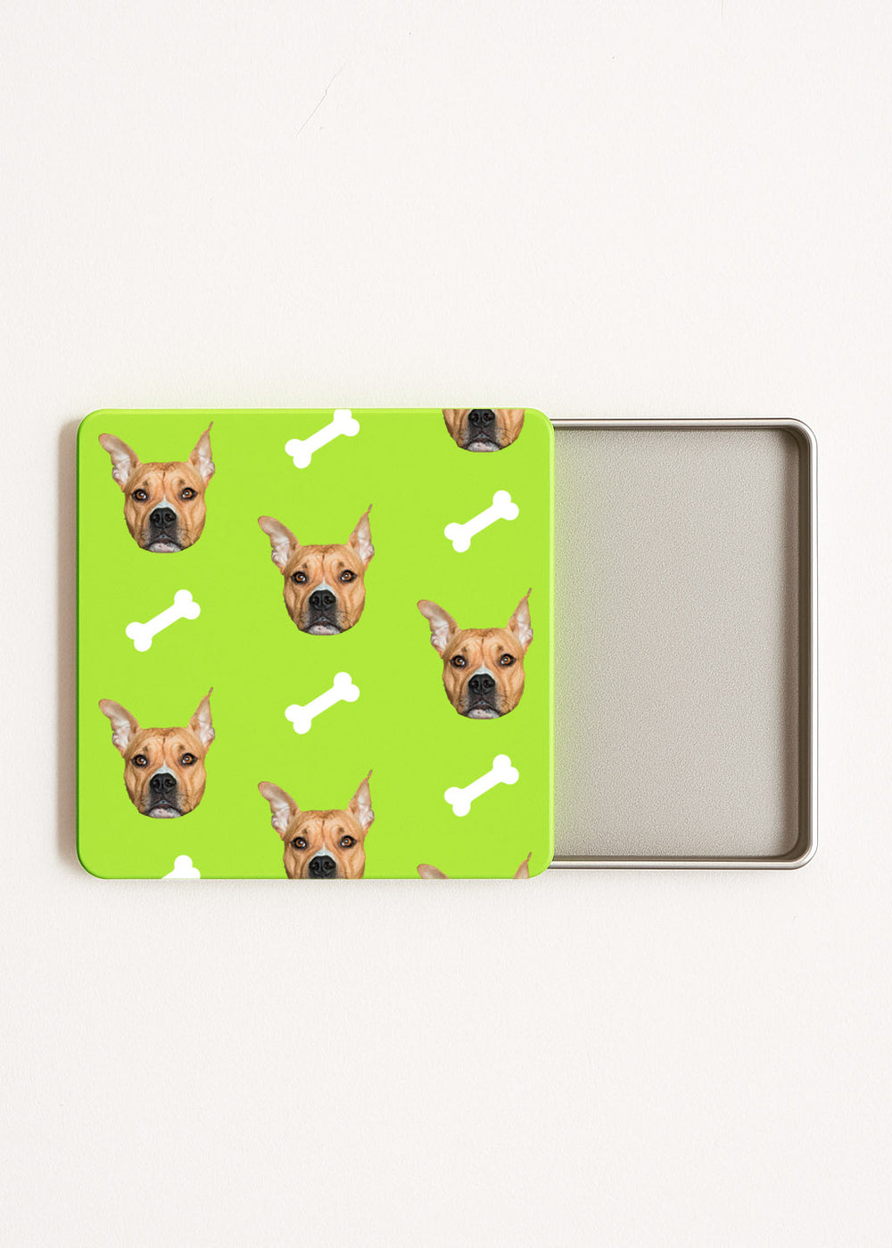 dog bone face tea tin green with custom pet photo and white bone pattern