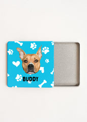 personalised dog tea bag tin; custom pet photo tea caddy; dog lover tea storage box; travel tea bag holder for pet owners