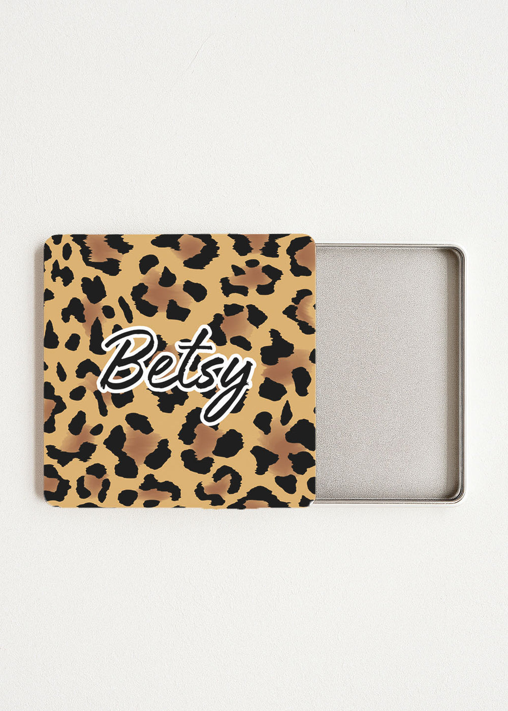 open mini tea bag box — leopard pattern, name print, holds 4–6 wrapped tea bags