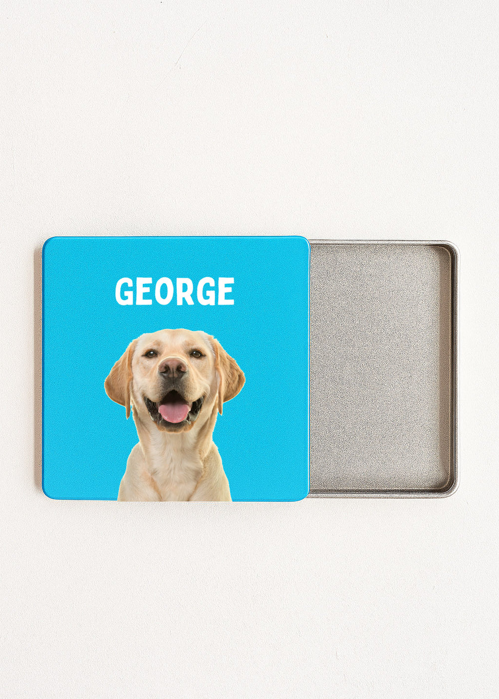 custom dog photo tea tin blue lid personalised with name George