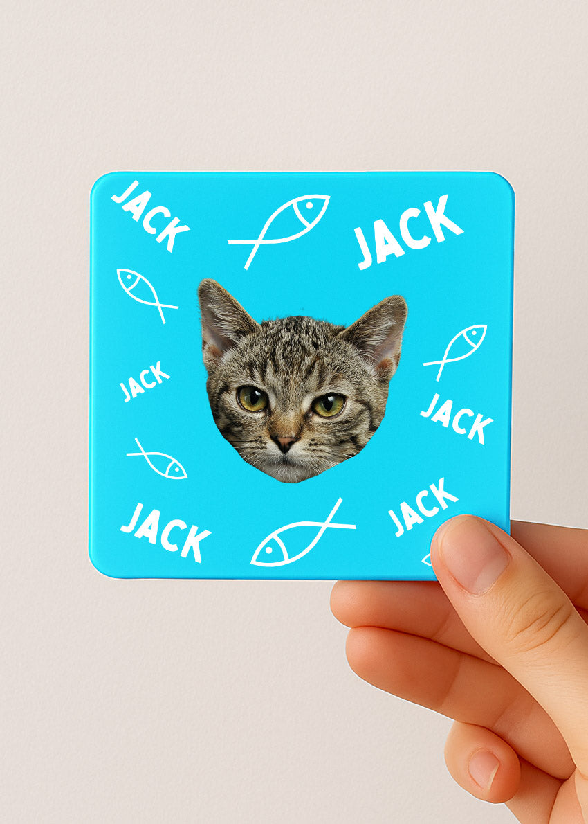 cat fish print tea tin blue with custom cat face and name Jack