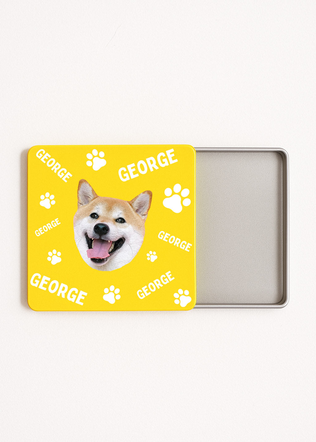 personalised dog tea bag tin; custom pet name tea caddy; dog lover tea storage box; travel tea tin for pet owners