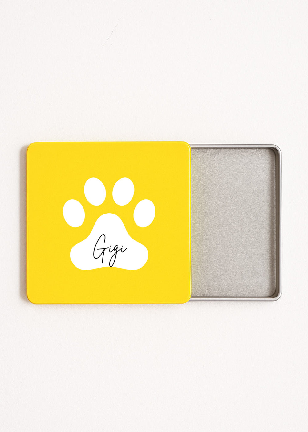 personalised paw print tea tin yellow with pet name Gigi