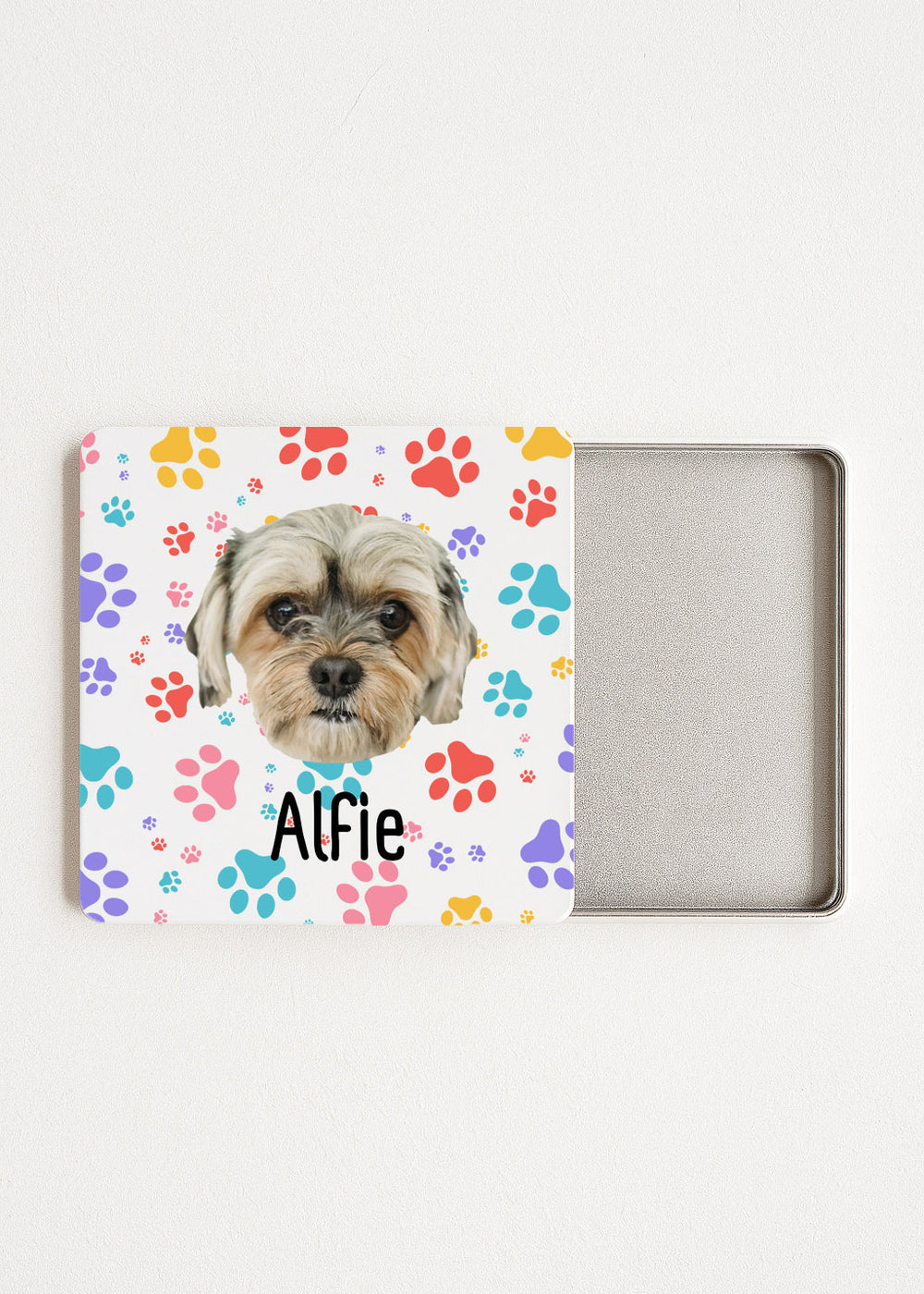 color paw print tea tin white with custom dog face Alfie