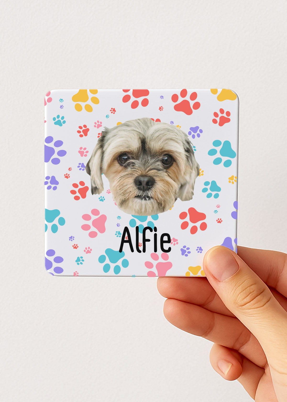 color paw print tea tin white with custom dog face Alfie