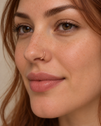 A little detail for your everyday nose ring. Solis brings a softly wrapped lower curve to a delicate 14ct solid gold nostril ring. Fine gold wire is wound by hand around approximately half the hoop, while the upper arc stays smooth and polished.