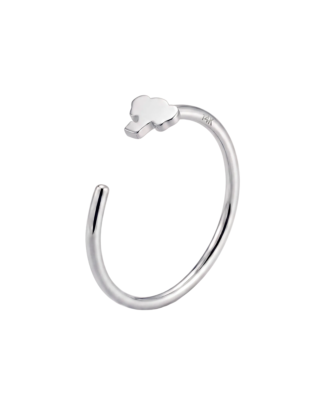 A playful 14ct solid gold Elephant Hoop with a tiny elephant head, rounded ears and curved trunk. Available in 18G or 20G and 6–10mm.