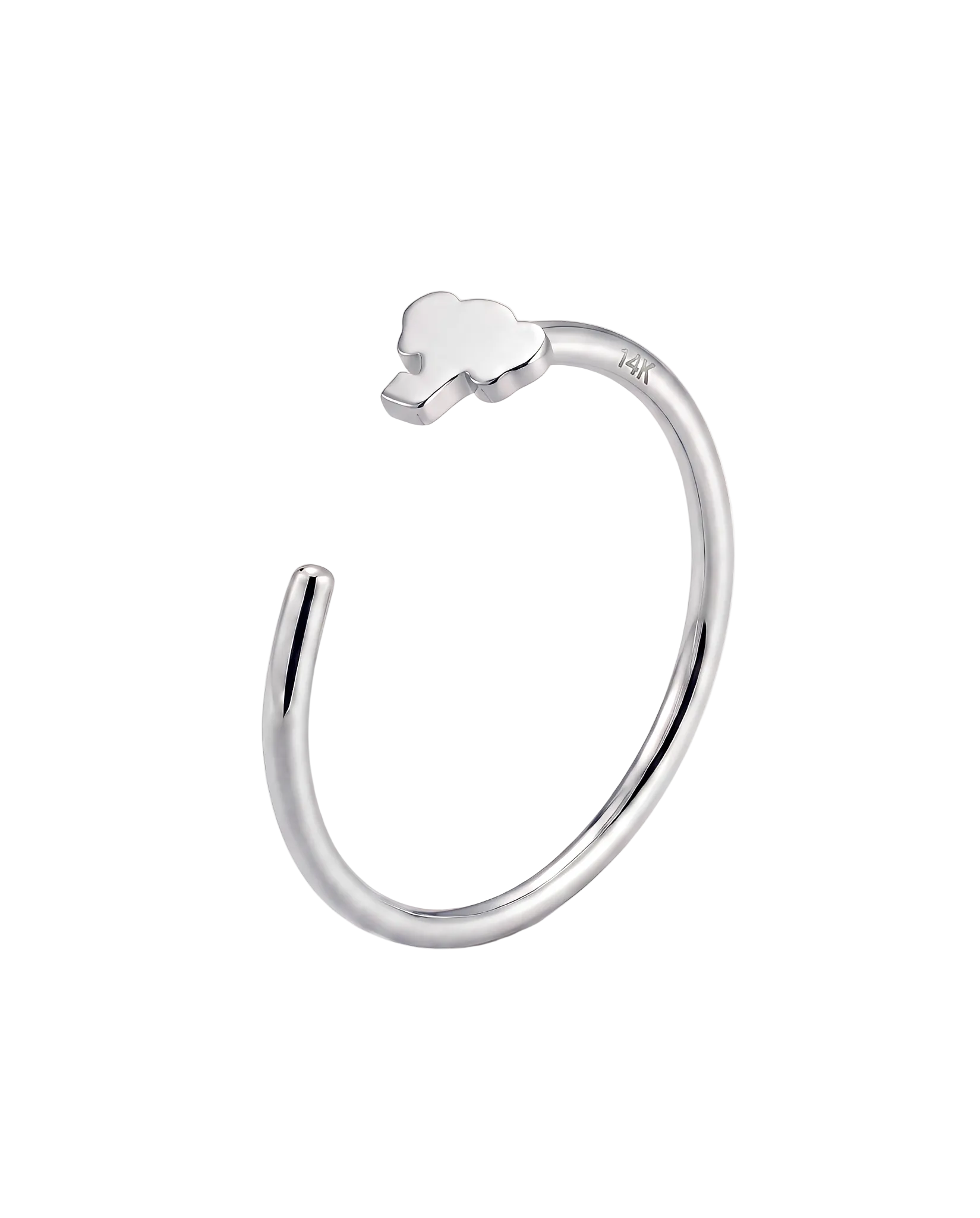 A playful 14ct solid gold Elephant Hoop with a tiny elephant head, rounded ears and curved trunk. Available in 18G or 20G and 6–10mm.