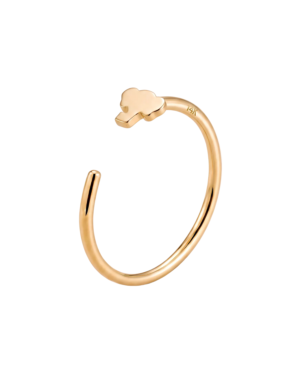 A playful 14ct solid gold Elephant Hoop with a tiny elephant head, rounded ears and curved trunk. Available in 18G or 20G and 6–10mm.