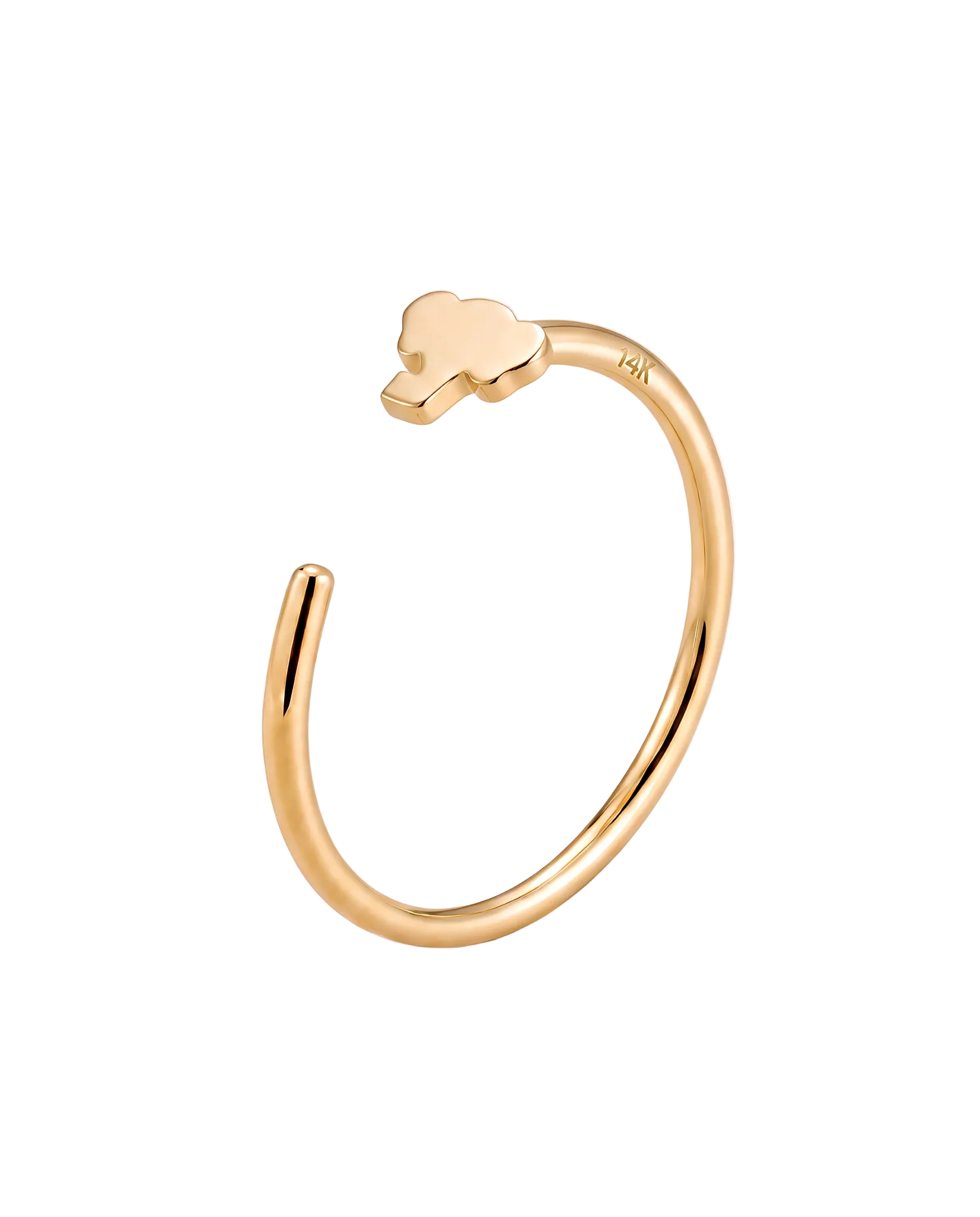 A playful 14ct solid gold Elephant Hoop with a tiny elephant head, rounded ears and curved trunk. Available in 18G or 20G and 6–10mm.