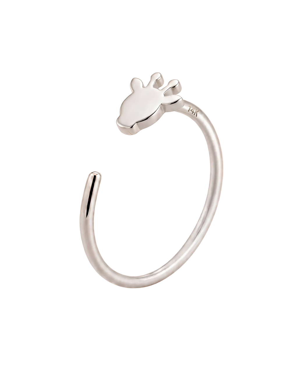 A playful 14ct solid gold Giraffe Hoop with a minimalist giraffe head, side ears and rounded horn-like tips. Available in 18G or 20G and 6–10mm.