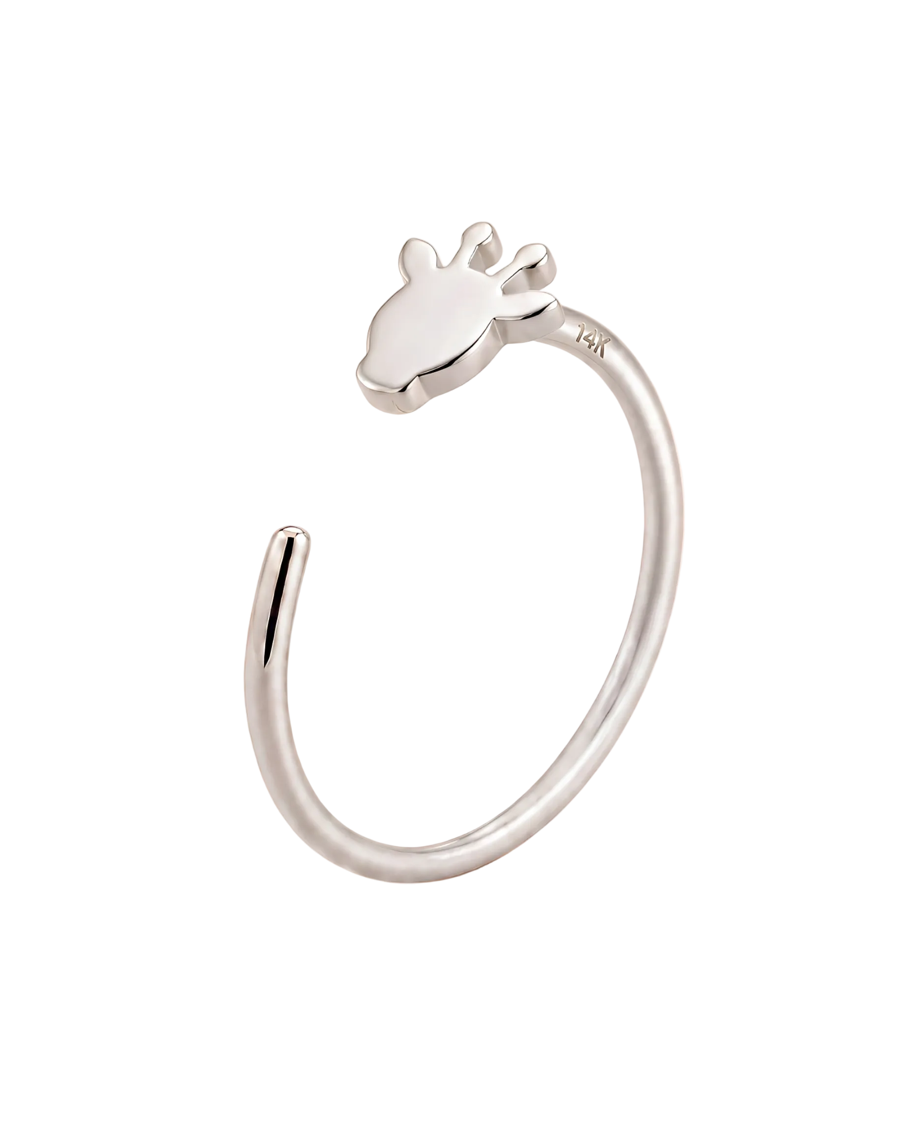 A playful 14ct solid gold Giraffe Hoop with a minimalist giraffe head, side ears and rounded horn-like tips. Available in 18G or 20G and 6–10mm.