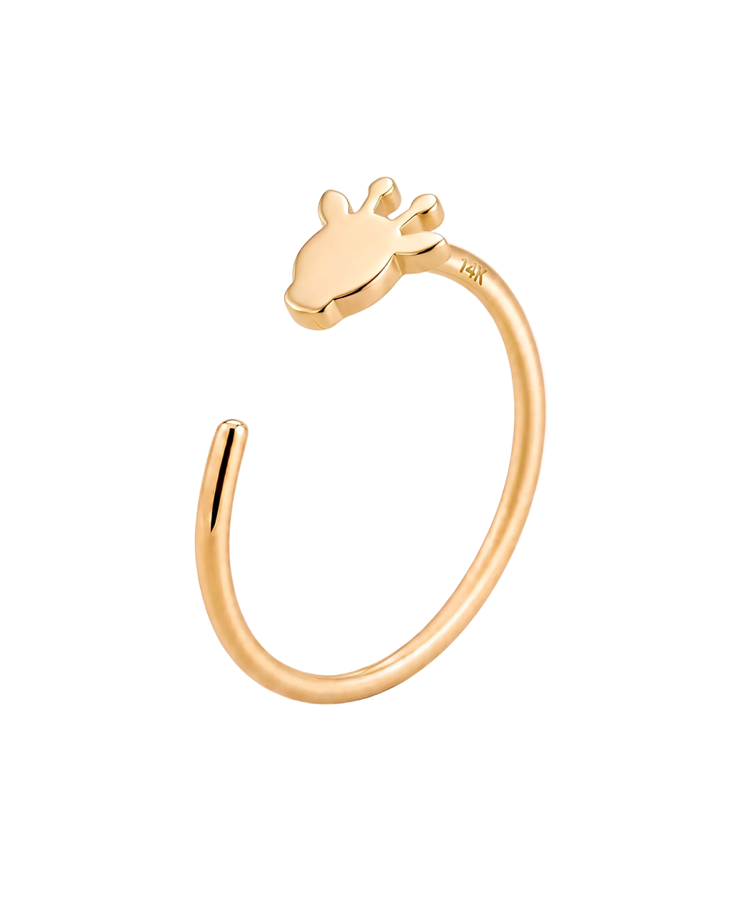 A playful 14ct solid gold Giraffe Hoop with a minimalist giraffe head, side ears and rounded horn-like tips. Available in 18G or 20G and 6–10mm.