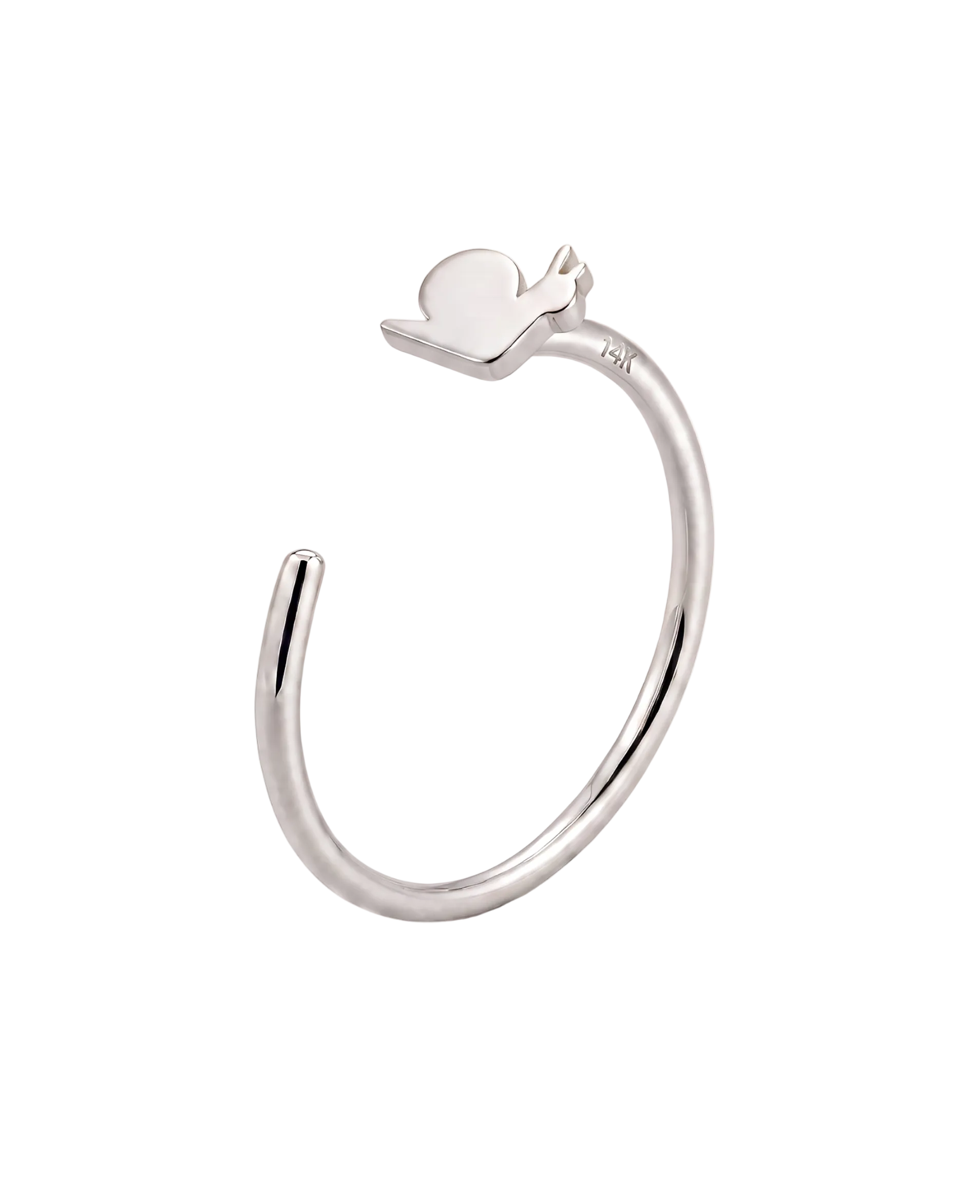 A playful 14ct solid gold Snail Hoop with a rounded shell, long body and tiny feelers. Available in 18G or 20G, 6–10mm, in three gold colours.