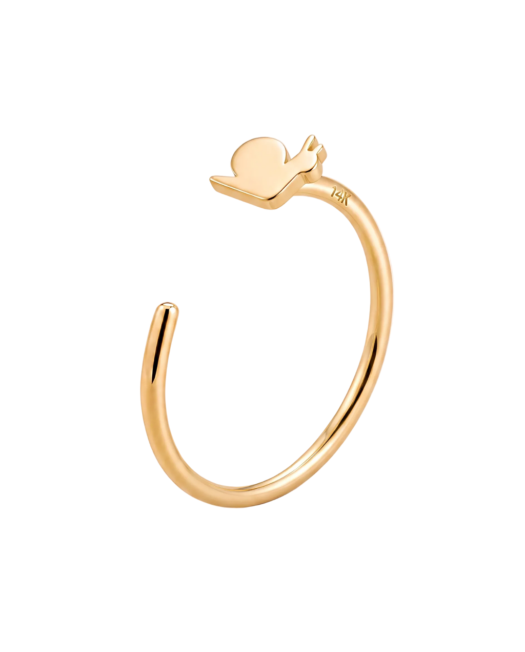 A playful 14ct solid gold Snail Hoop with a rounded shell, long body and tiny feelers. Available in 18G or 20G, 6–10mm, in three gold colours.