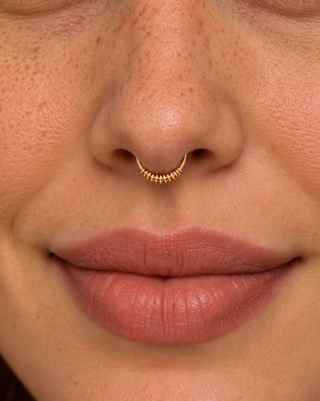 A soft curve, centred beneath your nose. Solis brings a softly wrapped lower curve to a delicate 14ct solid gold septum ring. Fine gold wire is wound by hand around approximately half the hoop, while the upper arc stays smooth and polished.