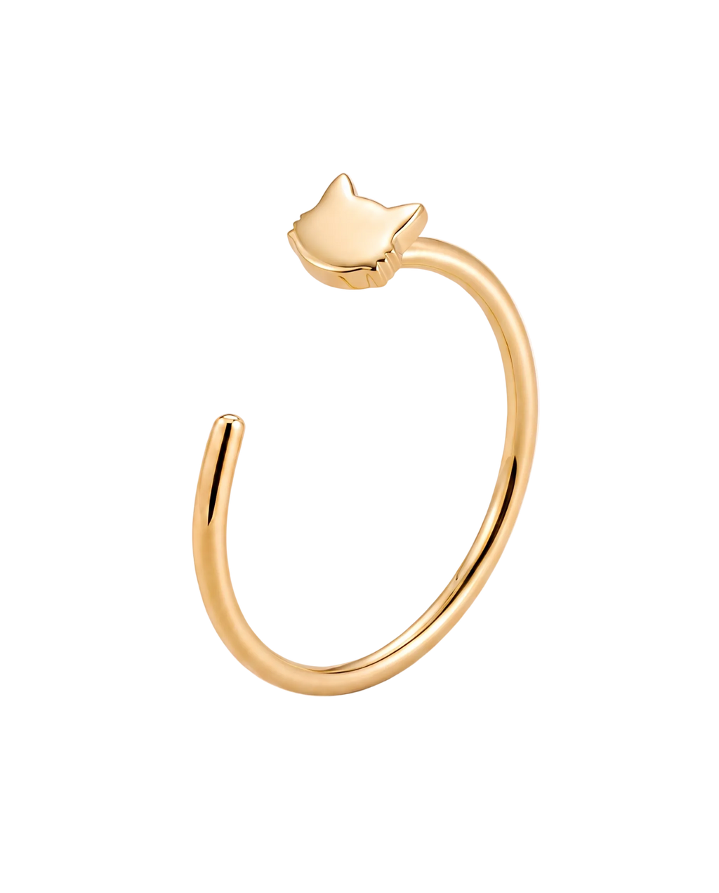 A playful 14ct solid gold Cat Hoop with a minimalist cat head, pointed ears and rounded cheeks. Available in 18G or 20G and 6–10mm.