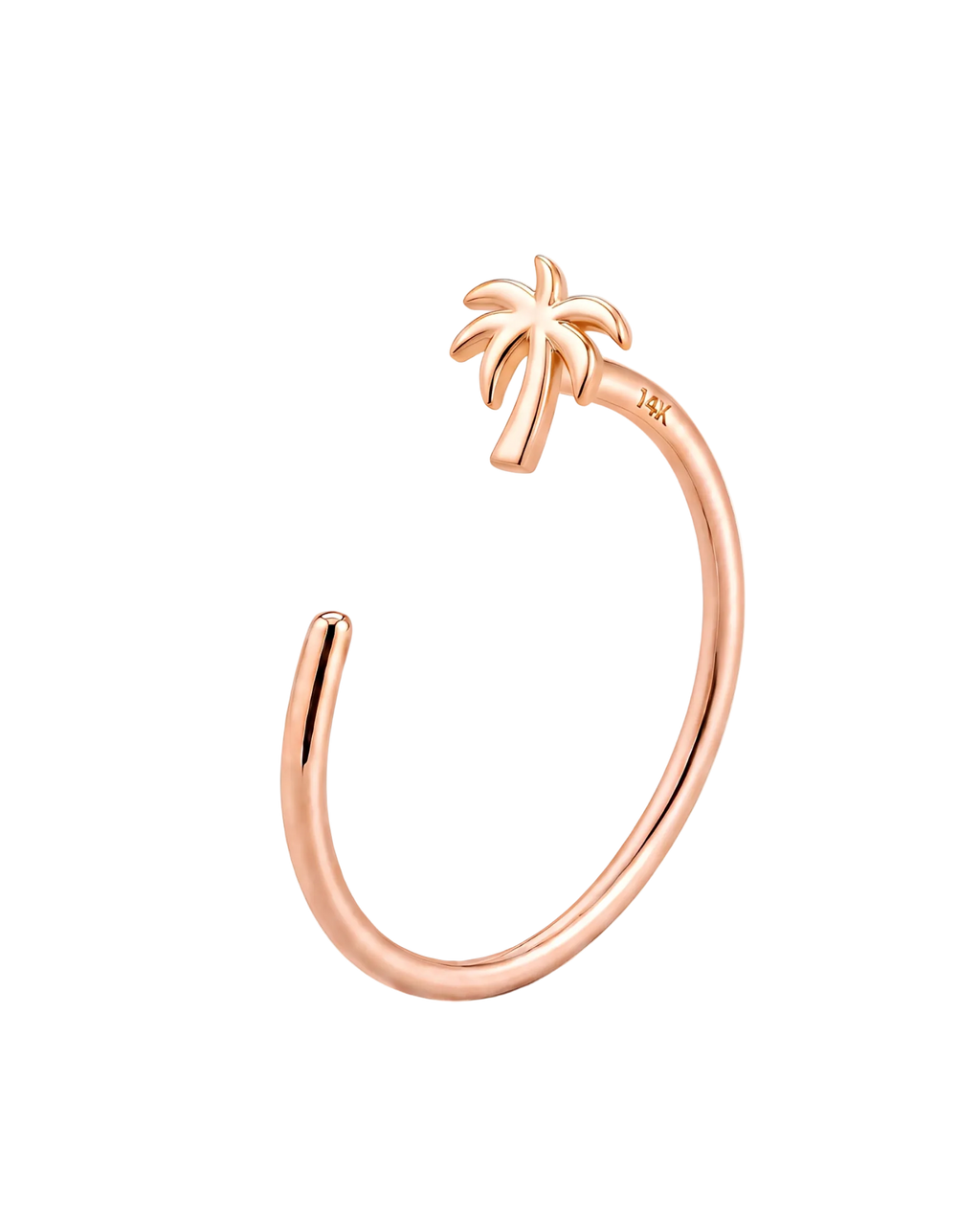 A tropical 14ct solid gold Palm Tree Hoop with a curved trunk and fanned leaves. Available in 18G or 20G, 6–10mm, in three gold colours.