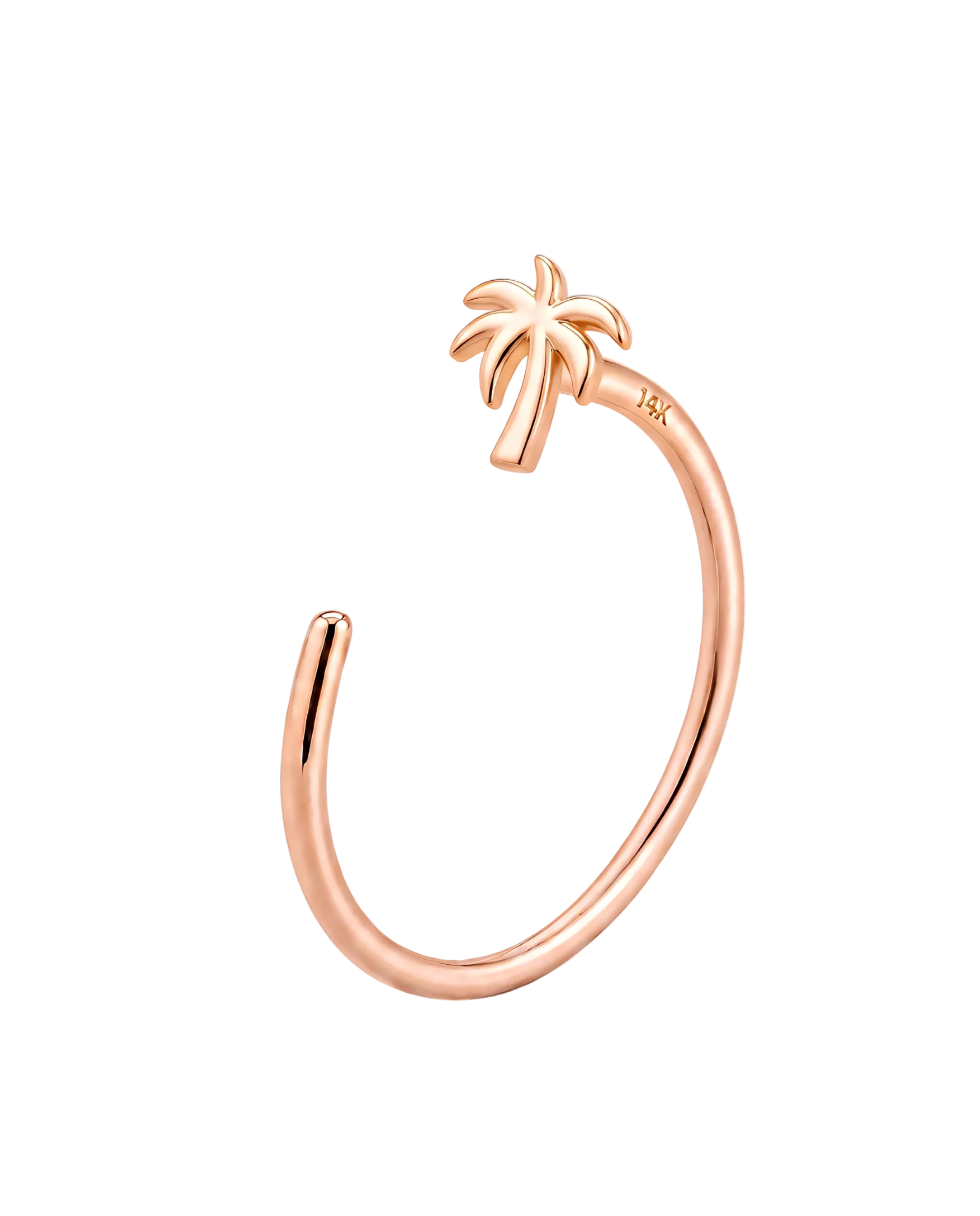 A tropical 14ct solid gold Palm Tree Hoop with a curved trunk and fanned leaves. Available in 18G or 20G, 6–10mm, in three gold colours.