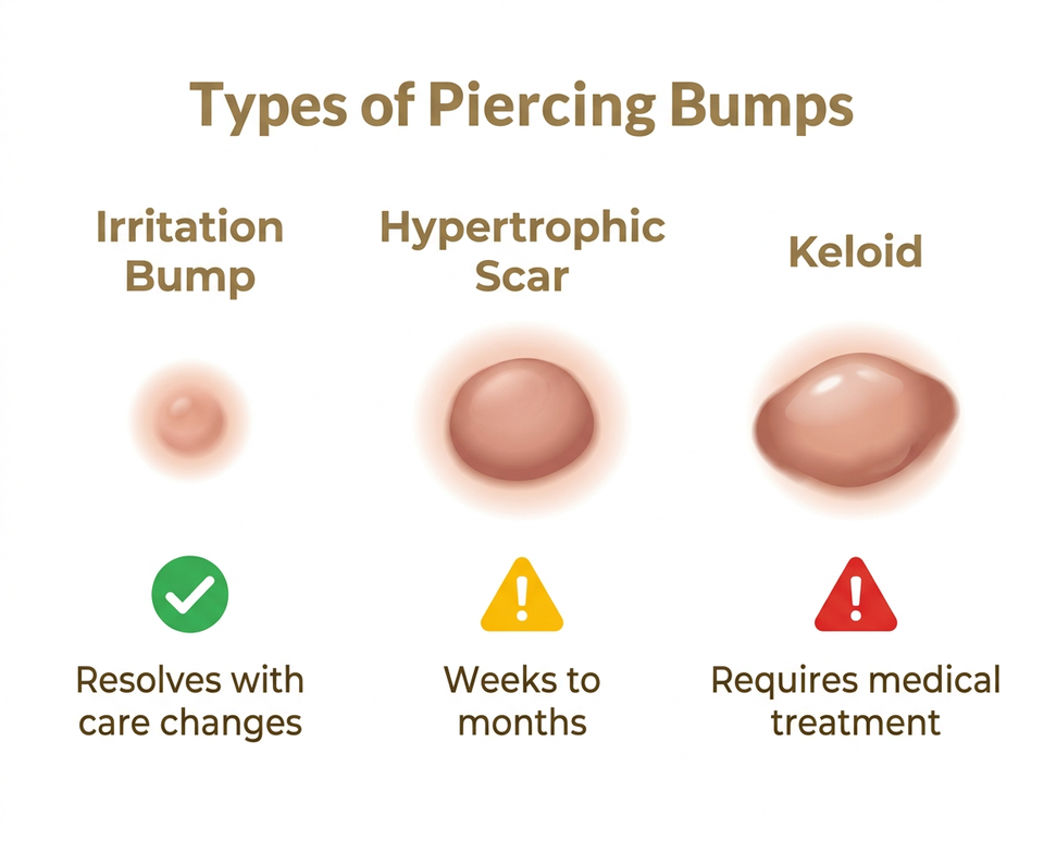 Cartilage piercing bump types comparison: irritation bump versus hypertrophic scar versus keloid
