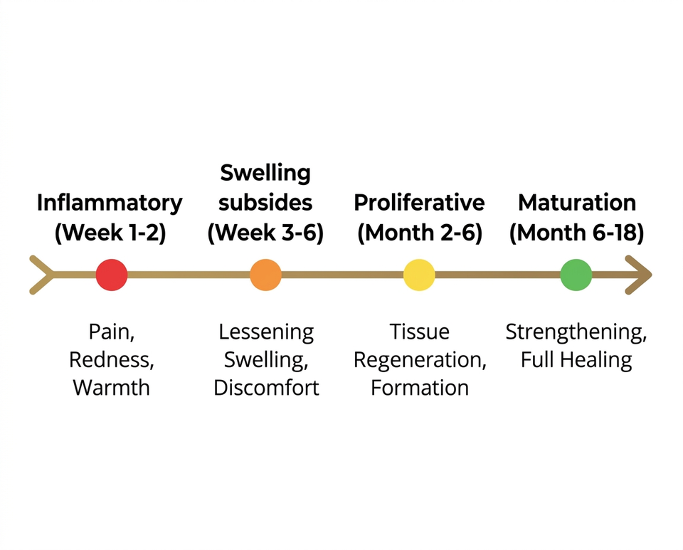 Cartilage piercing healing timeline infographic showing four phases from inflammatory to maturation