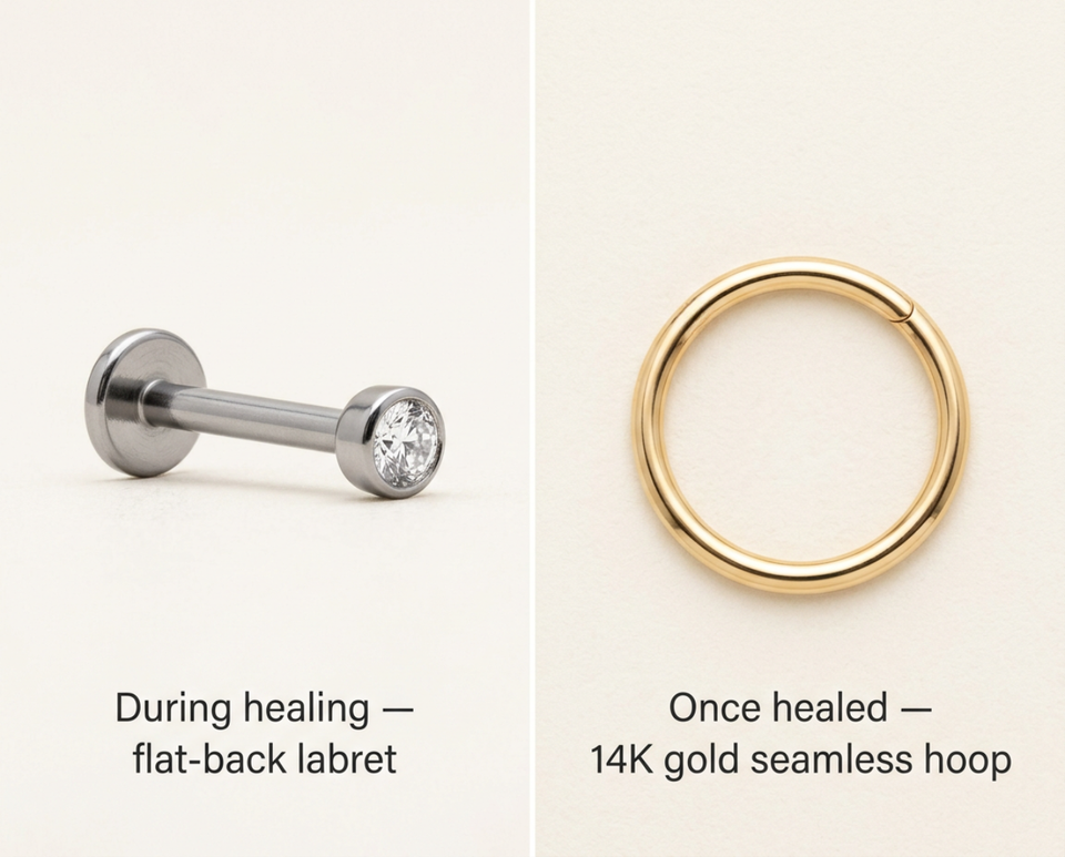 Cartilage piercing jewellery comparison: flat-back labret stud for healing versus 14K gold seamless hoop for healed piercings