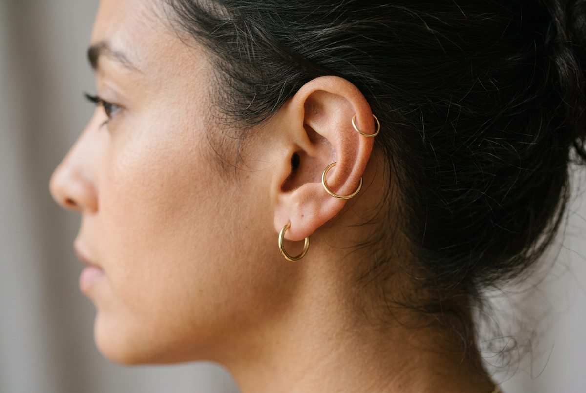 14K gold seamless conch hoop wrapping around the outer ear rim in a curated ear stack