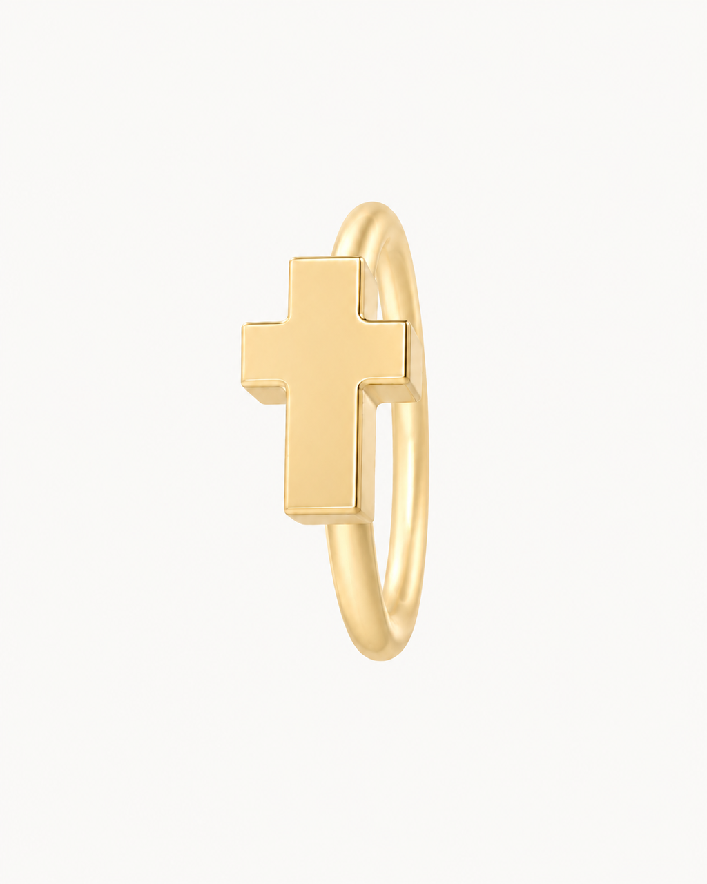 A polished cross gives the hoop a clean symbolic detail without stones, enamel or dangling parts. Made for fully healed lobe piercings and sold individually, it works easily in first, second or third-lobe stacks. Handmade to order in 14ct solid gold, it fits naturally with clean, symbolic and understated styling rather than reading as a generic plain hoop.