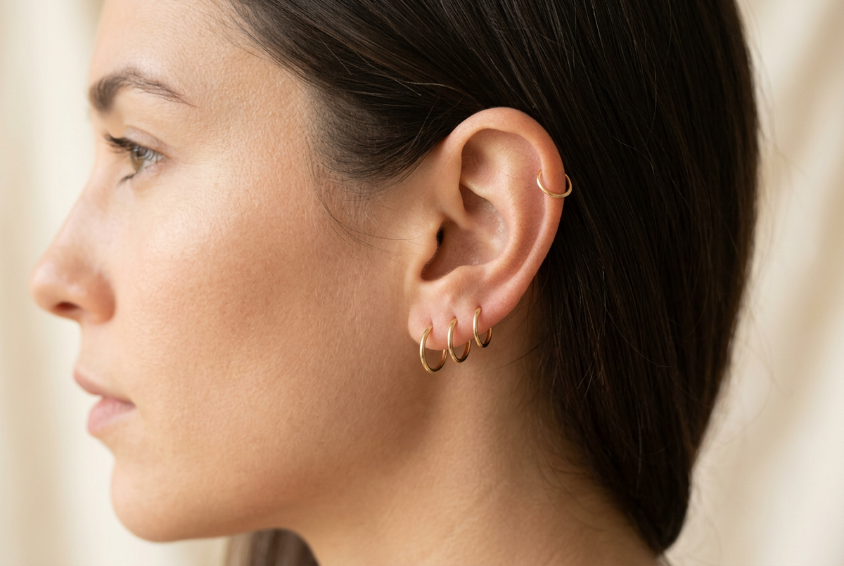 14K gold seamless helix ring on upper ear cartilage close-up