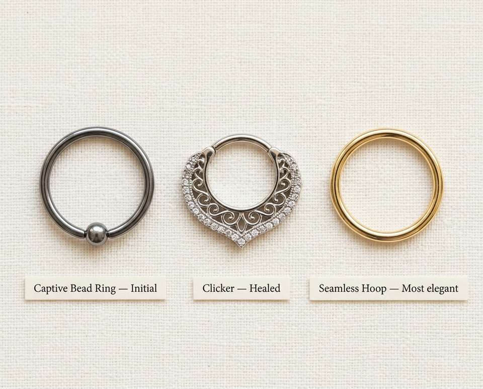 Daith piercing jewellery types: captive bead ring, clicker ring, and 14K gold seamless hoop comparison