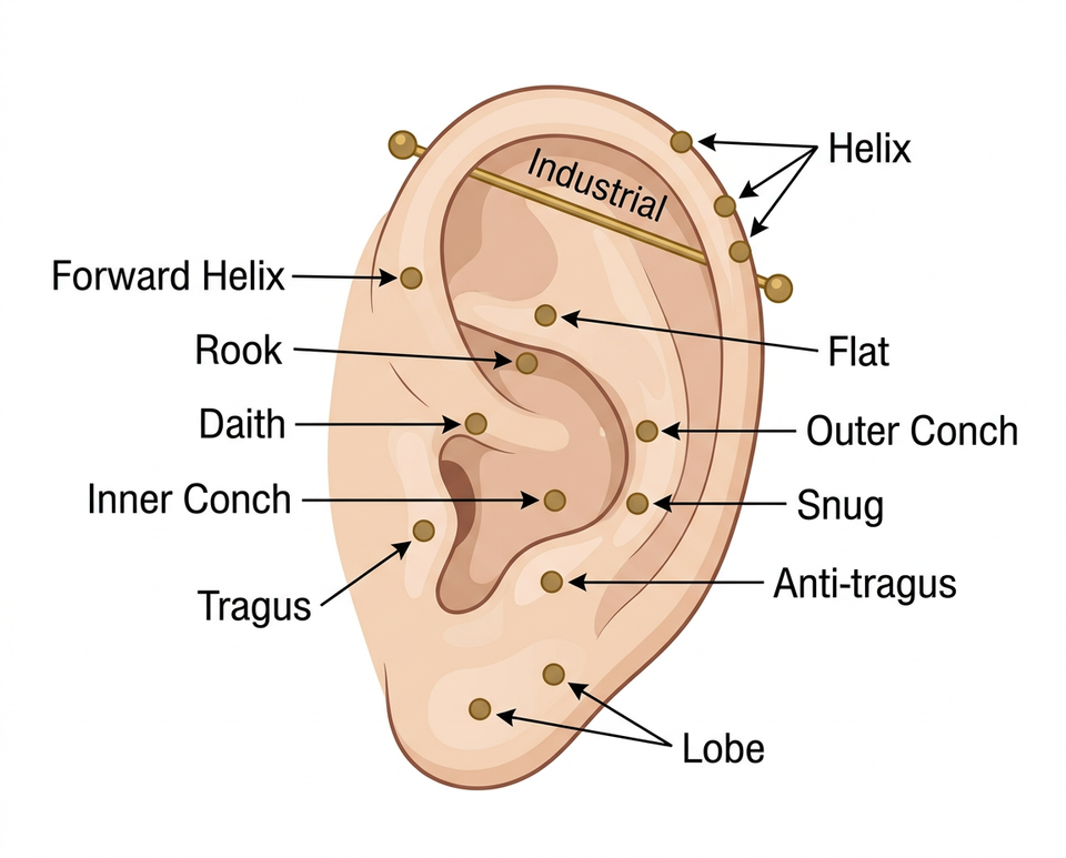 Ear anatomy diagram showing all cartilage piercing locations: helix, forward helix, flat, tragus, conch, daith, rook, snug, industrial