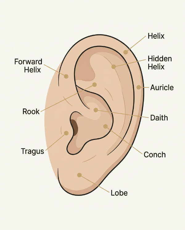 Ear piercing anatomy map showing helix, forward helix, hidden helix, auricle, rook, tragus, daith, conch, and lobe positions