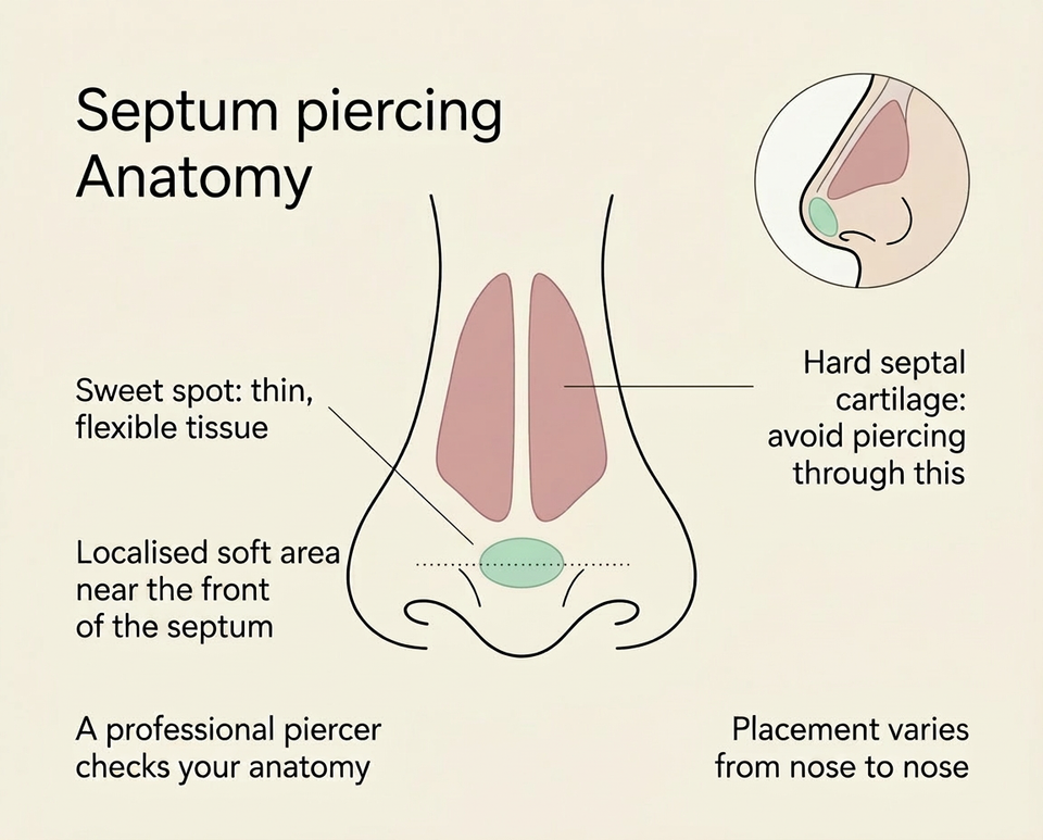 Septum piercing sweet spot anatomy diagram showing columella membrane location versus cartilage