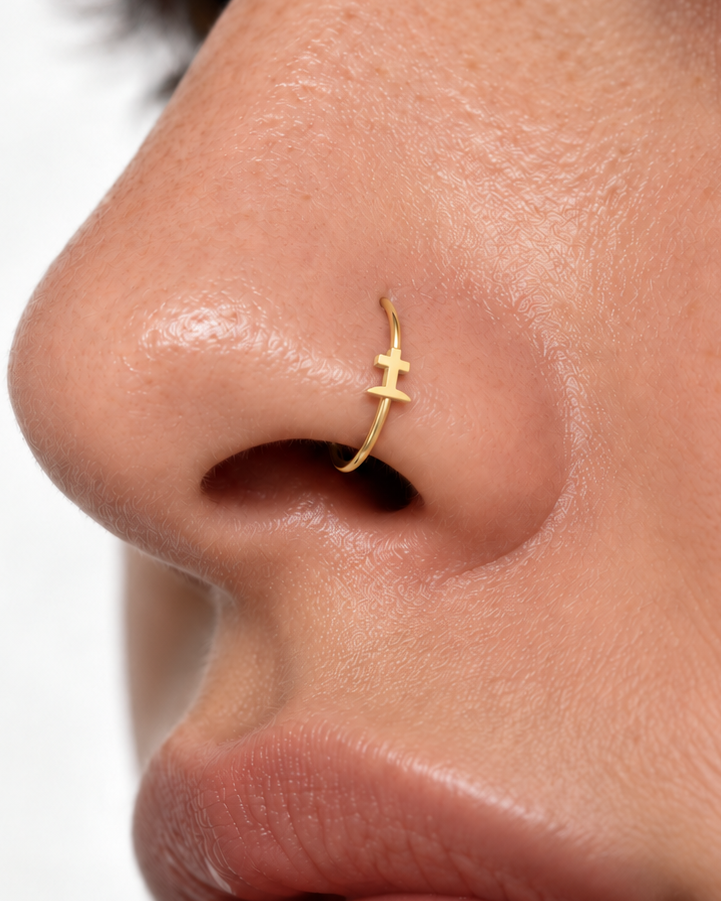 Graveyard Cross 14ct Solid Gold Nostril Ring