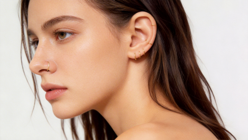 Close-up of a woman's ear wearing 14K solid gold piercing rings by Stepoy in helix, conch and lobe positions